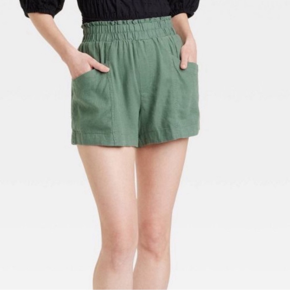 A New Day Print High-Rise Linen Blend Pull-On Shorts -  Sz 2X Green